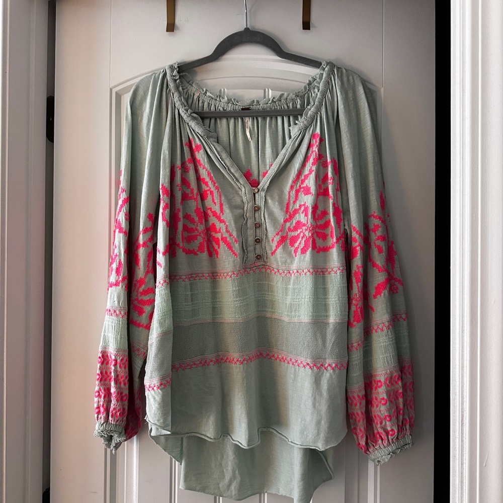 Free People Sage Green Peasant Blouse with Hot Pink Embroidery